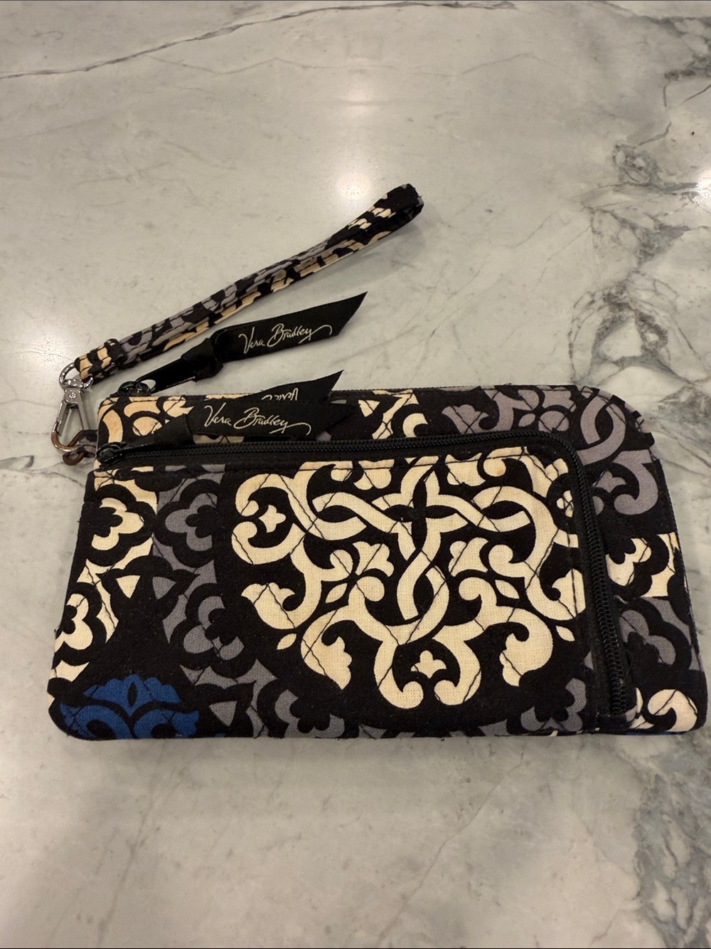 Vera Bradley Zip-Around Wallet Wristlet Black Gray Blue Floral EUC